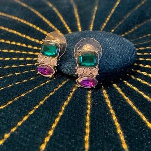 VINTAGE Silver Emerald & Amethyst Costume Earrings